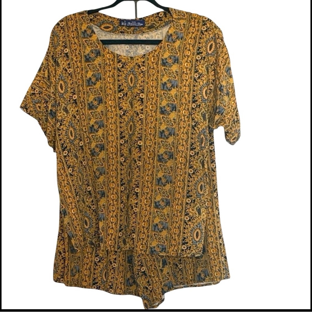 Batik Kencana Ungu top and shorts set, gold and navy , cotton, size L